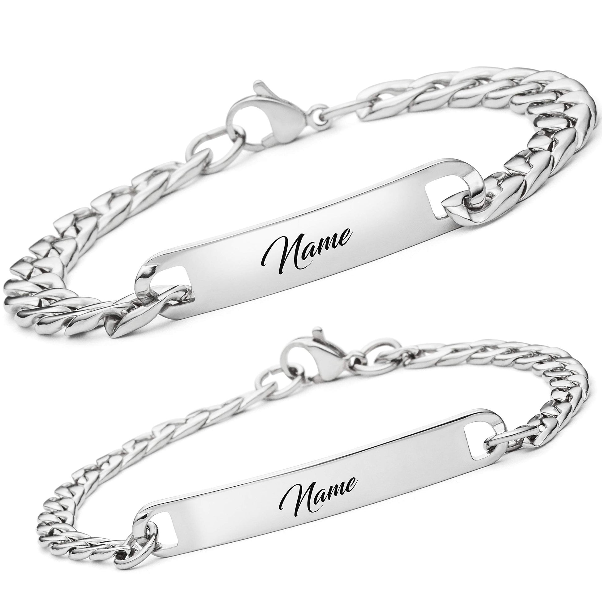 Personalisiertes Edelstahl-Armband für Herren mit Wunschgravur (2 Stück): Silber, Schwarz