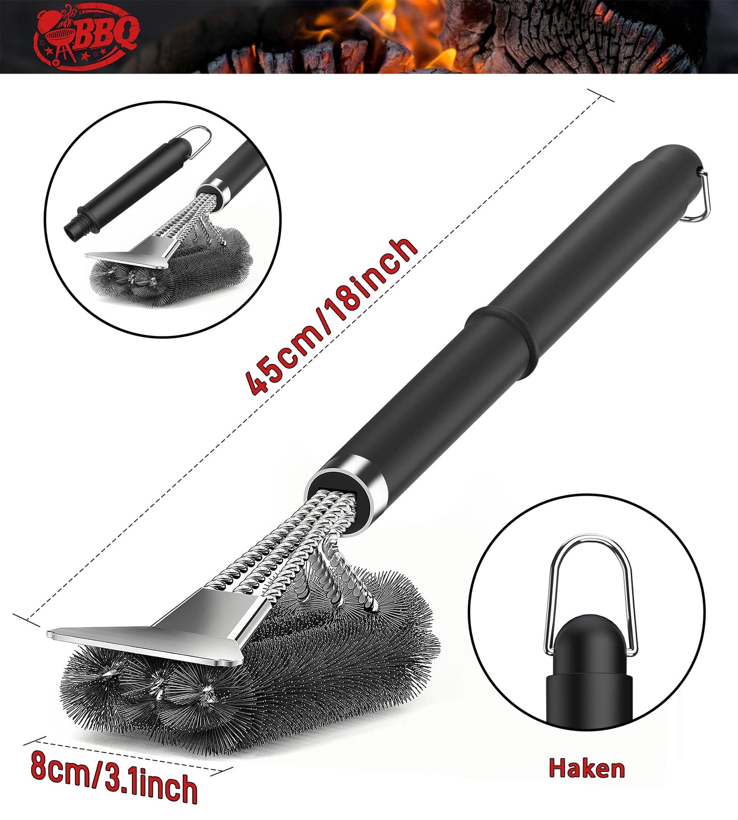 Grill brush, TNTOR grill cleaning brush with extra long stainless steel bristles, stainless steel spatula and PP heat-insulated handle, for gas grill, charcoal grill, kettle grill, electric grill and grill grate.