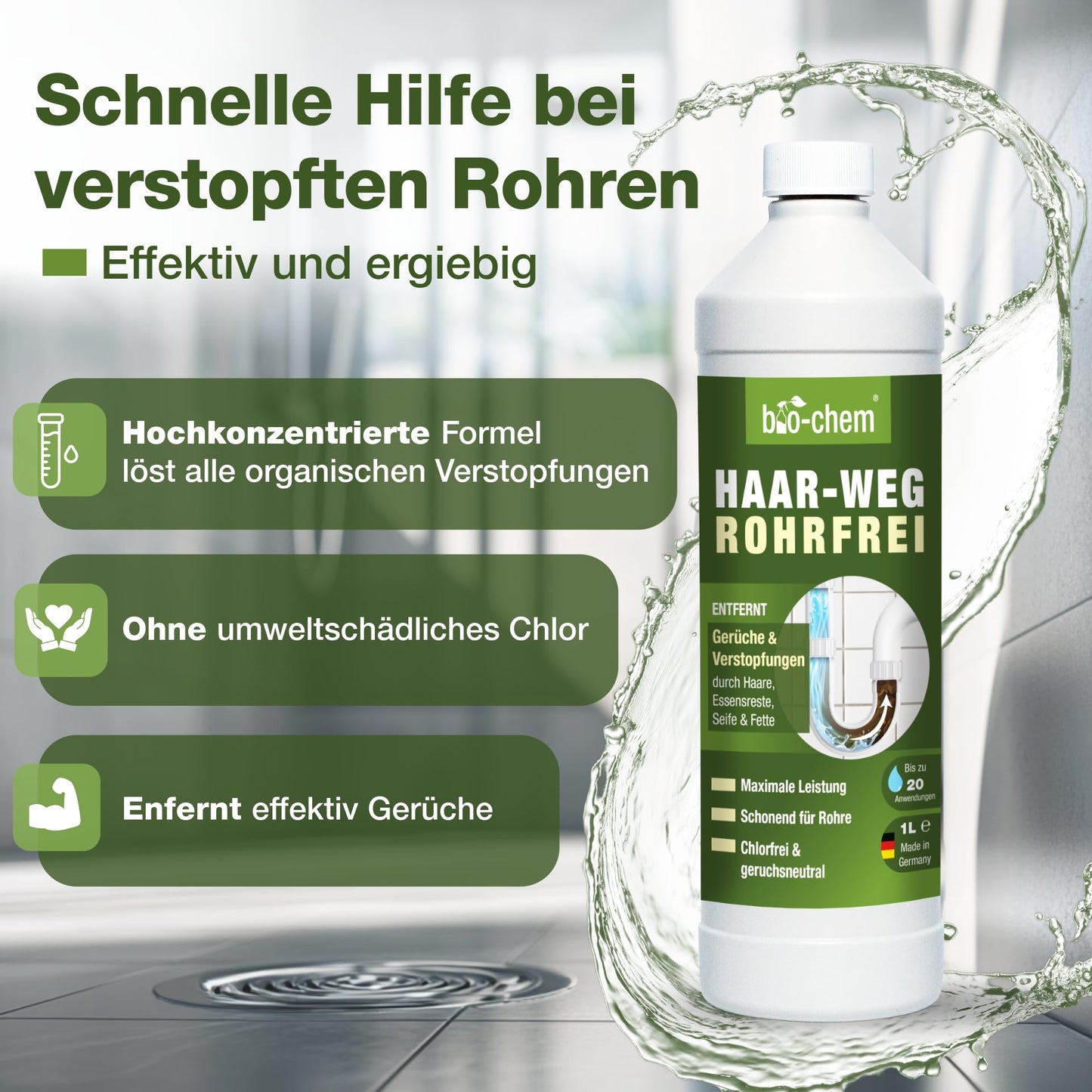 bio-chem Haar-Weg Abflussreiniger EXTRA STARK (1000ml) Made in Germany