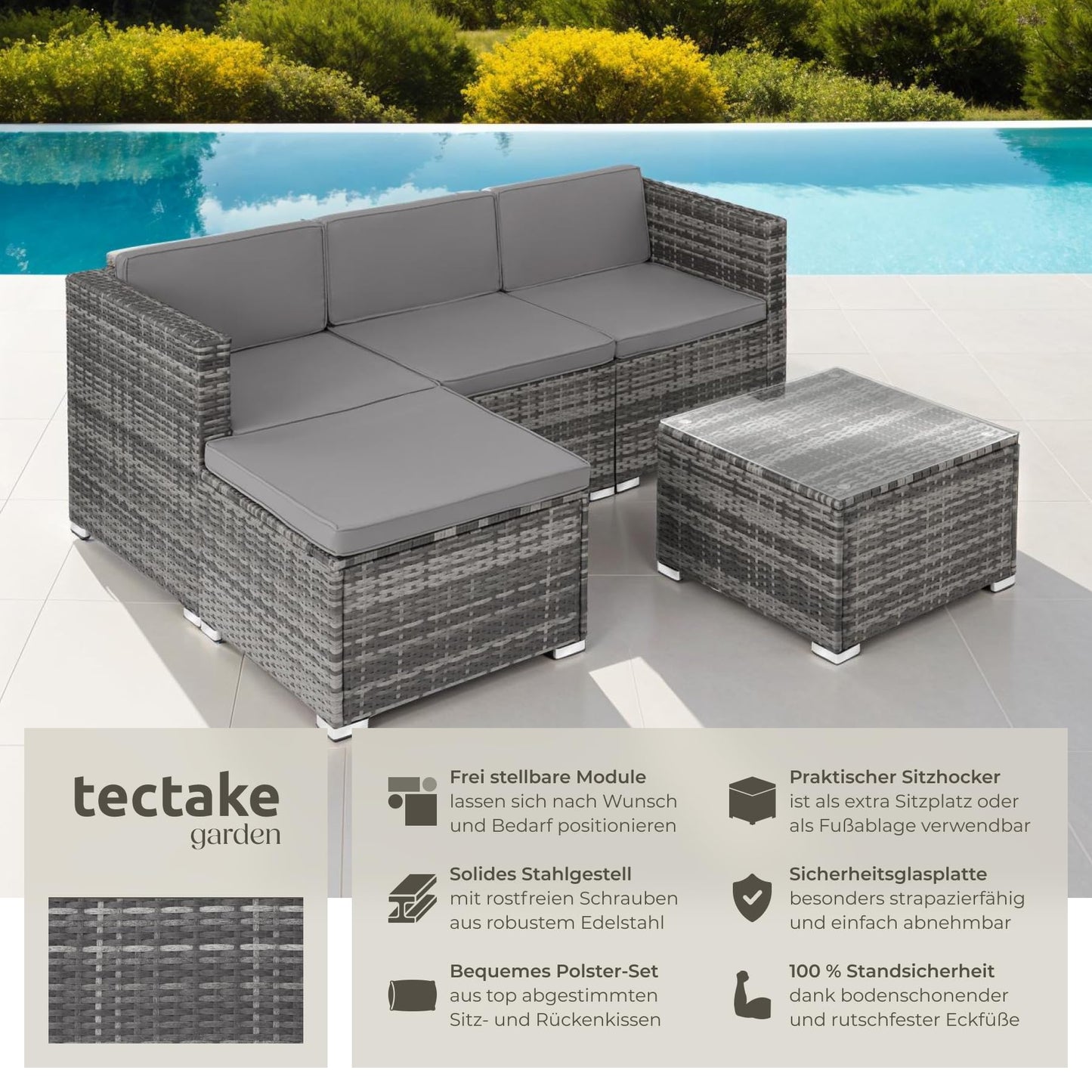 tectake® Poly Rattan Lounge-Sitzgruppe mit Sofa, Sessel, Hocker und Tisch: Wetterfest