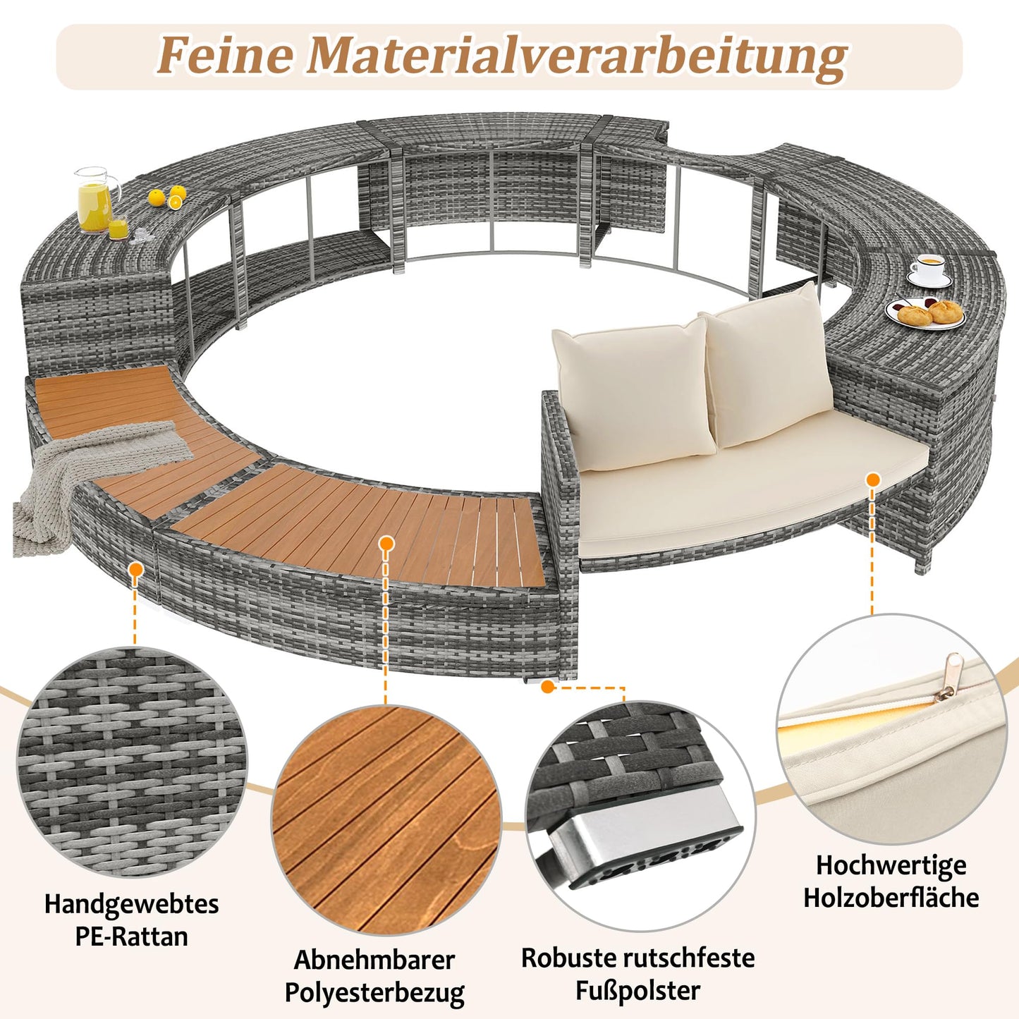 Garten-Lounge-Set mit runder Couch für Whirlpool & Pool mit verstellbaren Füßen inkl. Kissen