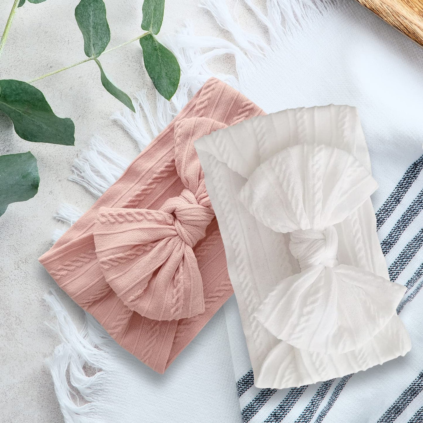 Baby Girl Turban Elastic Headband Bow (Set of 2 in Pink and White)