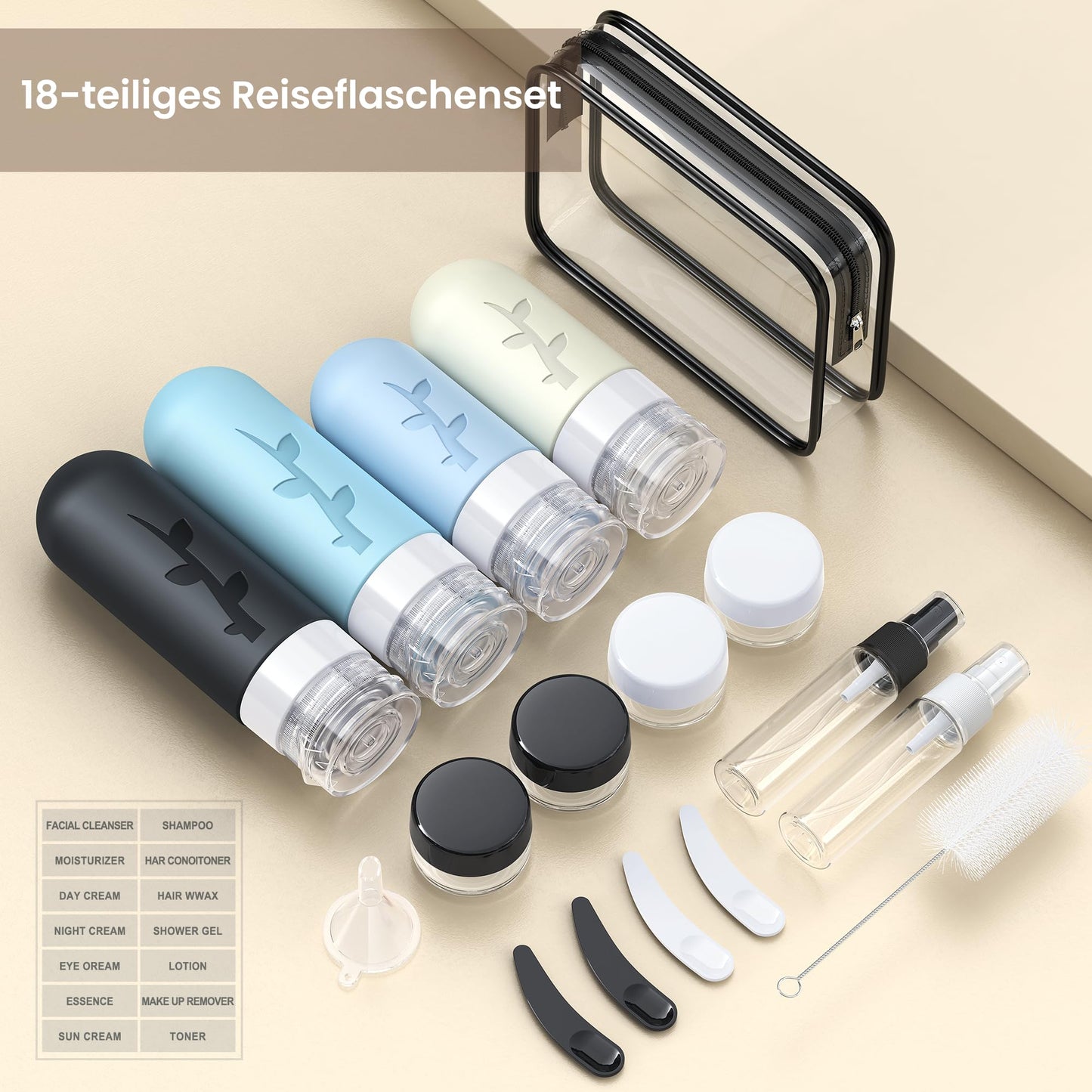 Silikon Reiseflaschen-Set zum Befüllen (18 Stück): TSA-Genehmigt - Reise Gadgets