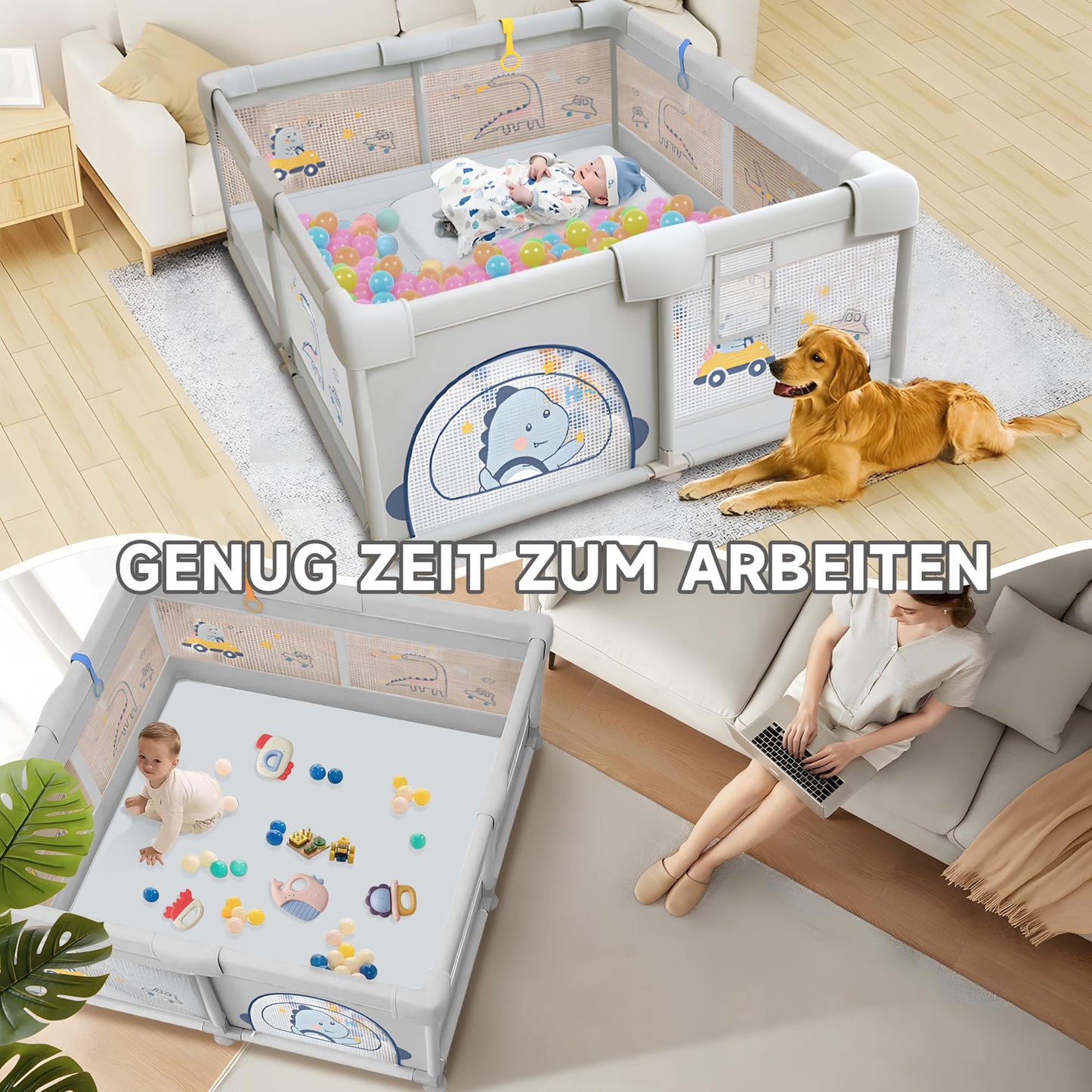 Baby playpen with non-slip floor (200x180cm) including 60 sea balls, 4 handles, playpen, storage bag
