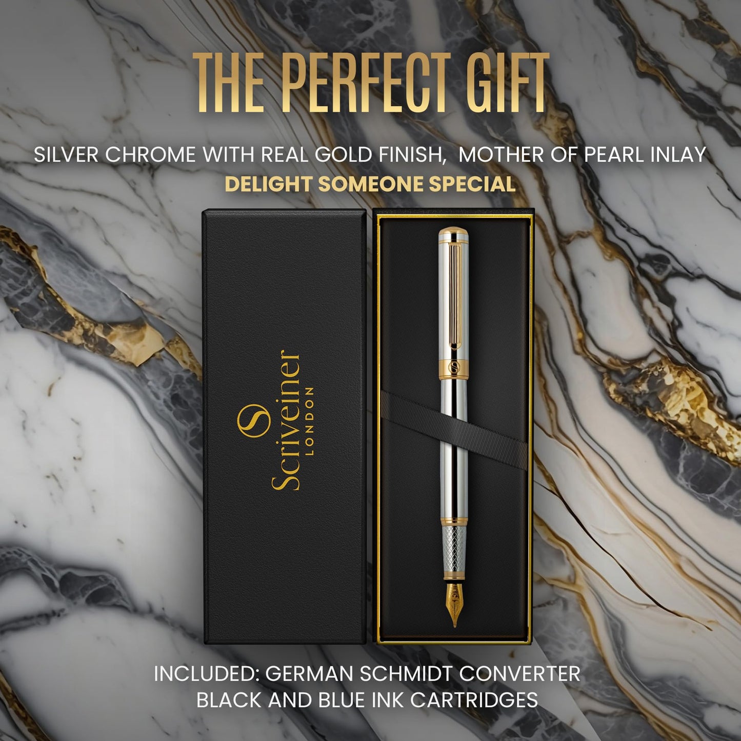 Scriveiner Silber Füllfederhalter Füller Edel mit Echtgold-Finish, Schmidt vergoldete Feder (mittel), Bestes Geschenk für Herren und Damen, Manager, Führungskräfte (Silber Chrom)