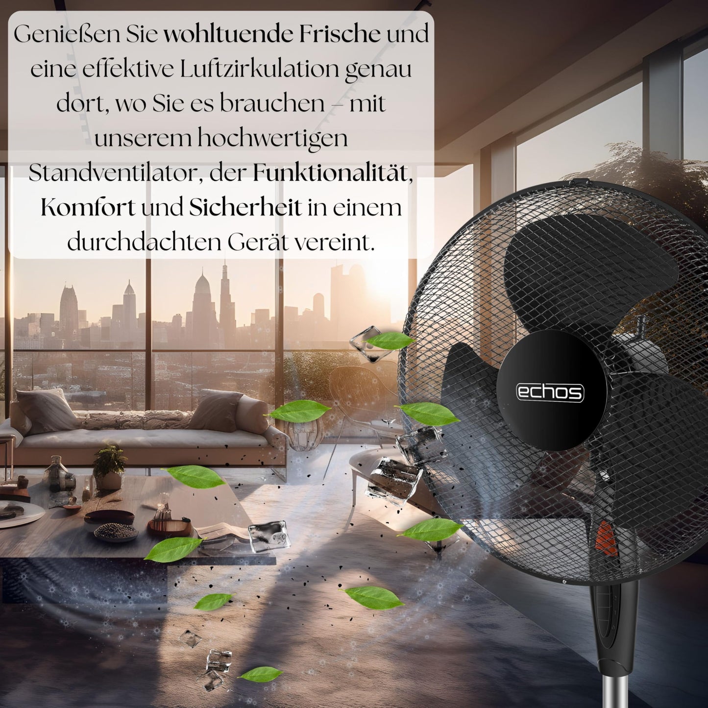 Echos® Standventilator (Ø 43cm): Sehr leise, Energiesparend, 3 Stufen, Oszillation