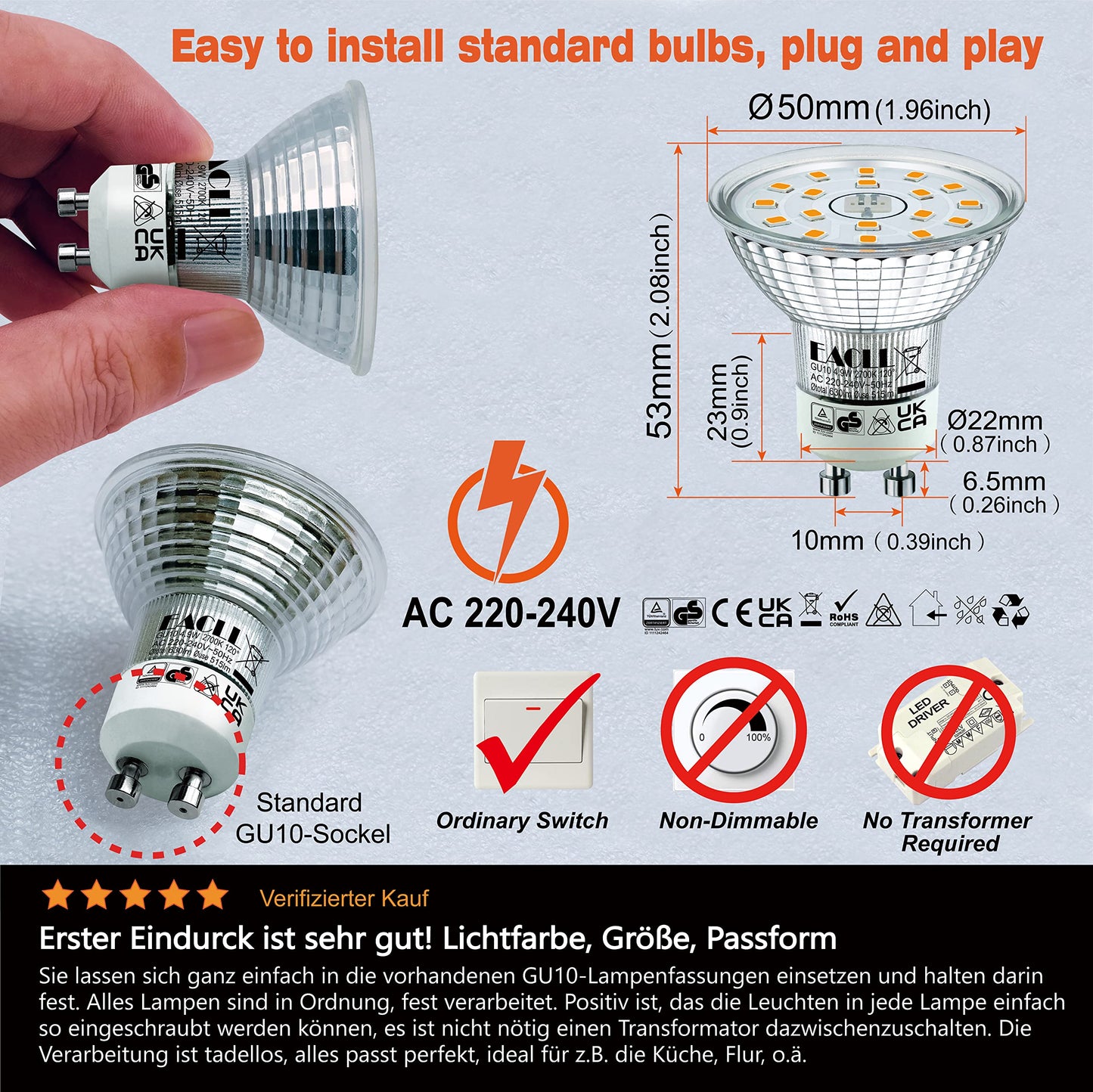 EACLL GU10 LED halogen bulb (warm white 2700K: 4.9W) 4-pack