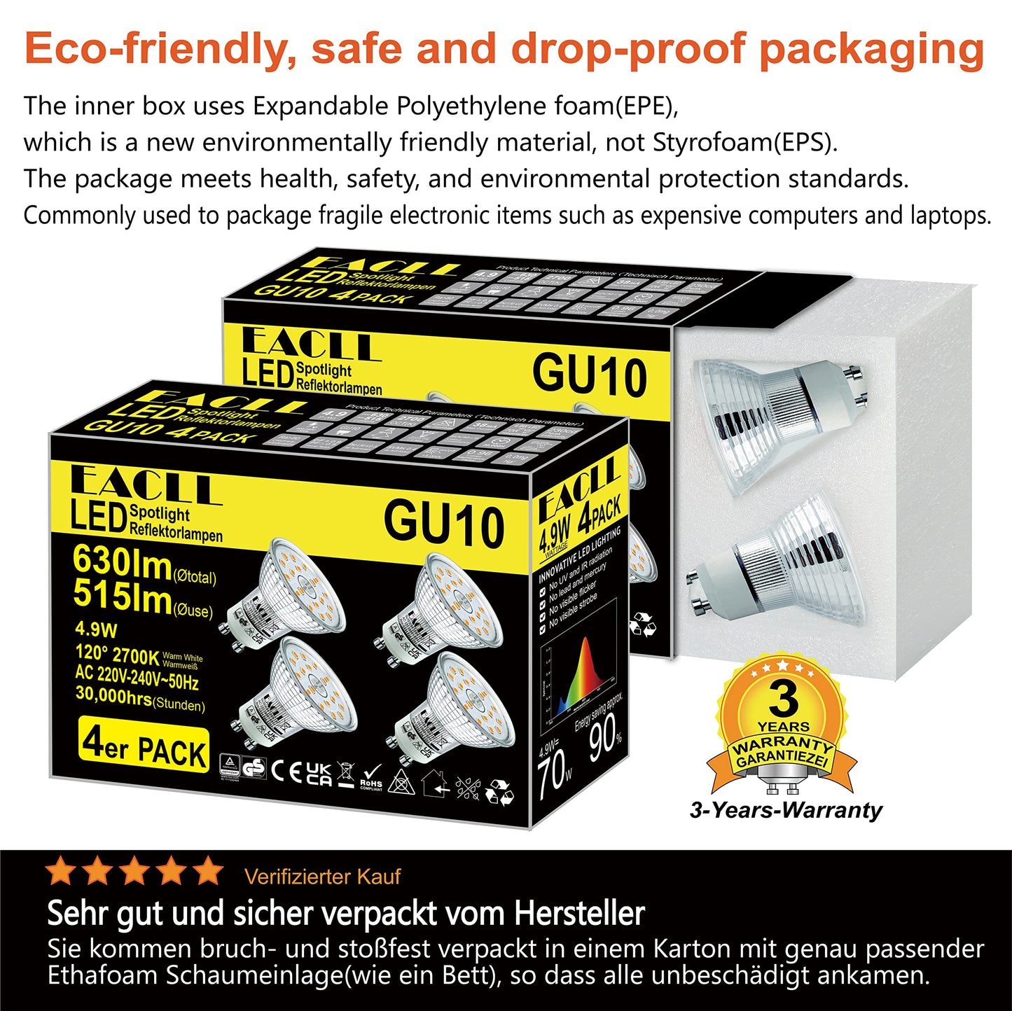 EACLL GU10 LED halogen bulb (warm white 2700K: 4.9W) 4-pack