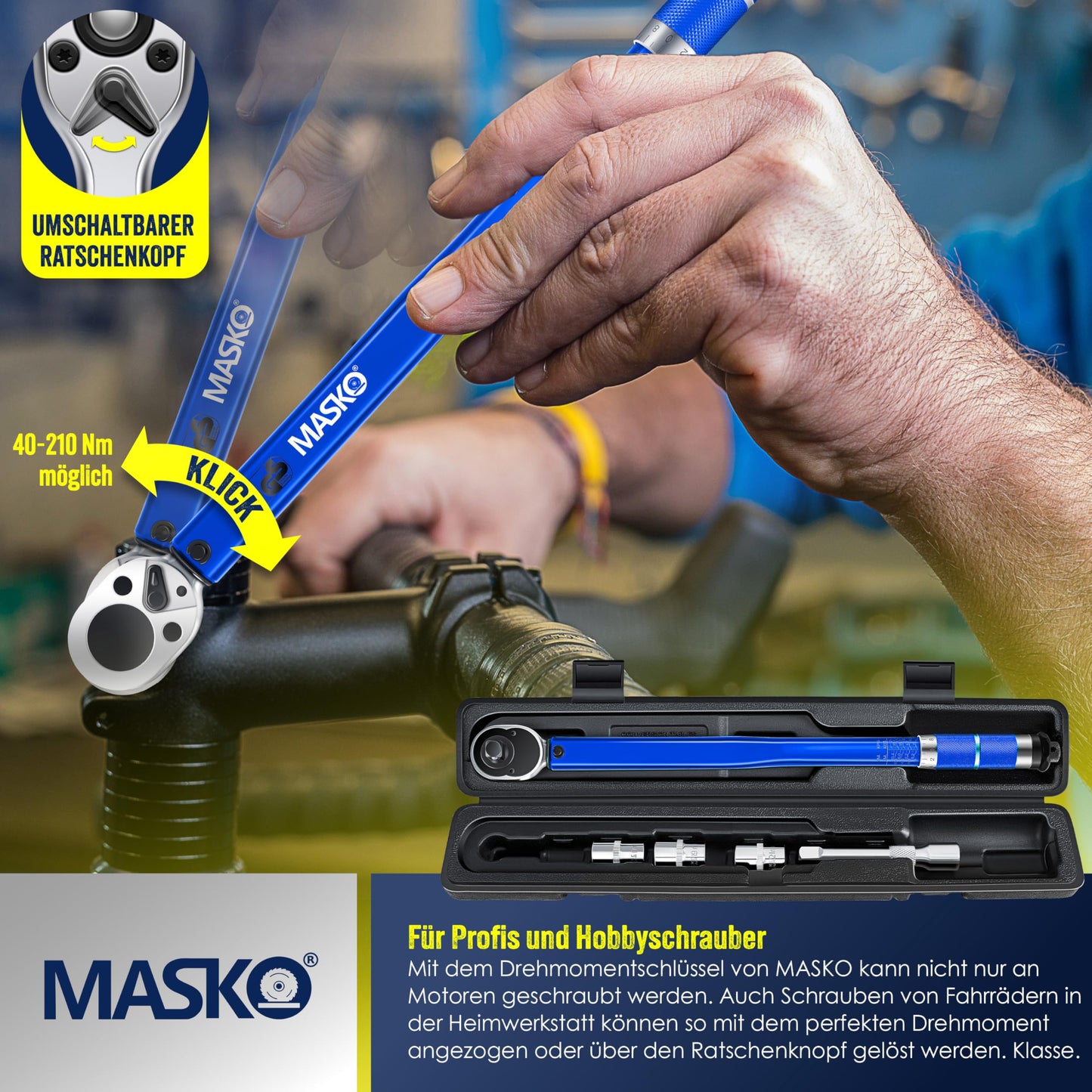 MASKO® Drehmomentschlüssel (6-teilig): 40-210Nm 1/2' CV inkl. 3 Stecknüsse + Montagehandschuhe Koffer