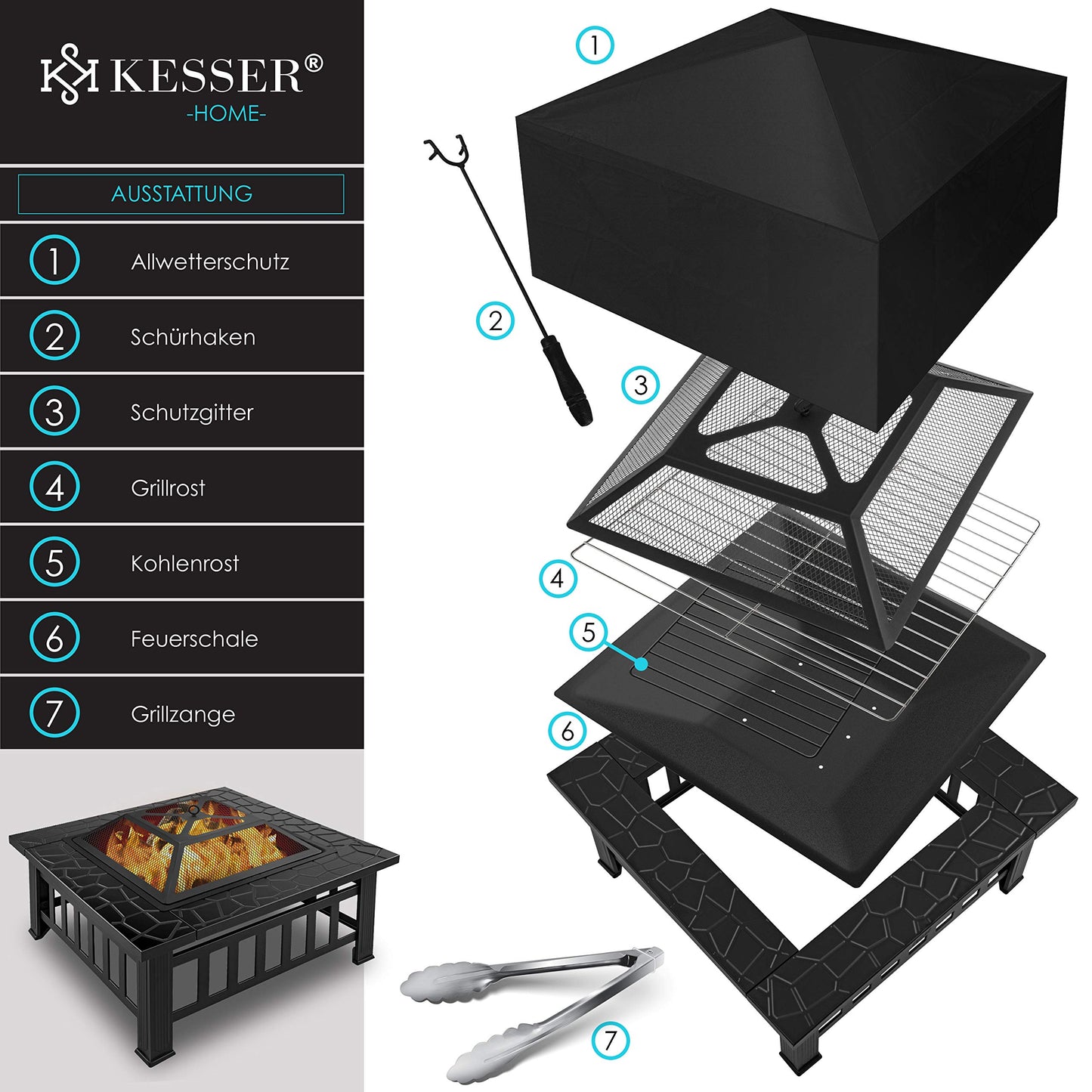 KESSER® Feuerstelle mit Grillrost & Grillzange: Feuerschale, BBQ Grill mit Funkenschutz