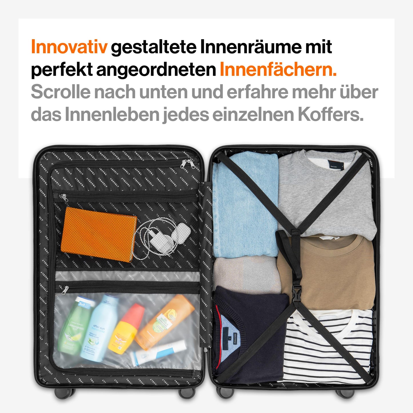 TRAVELY polycarbonate suitcase set (3 pieces) with smooth wheels & TSA lock | Black