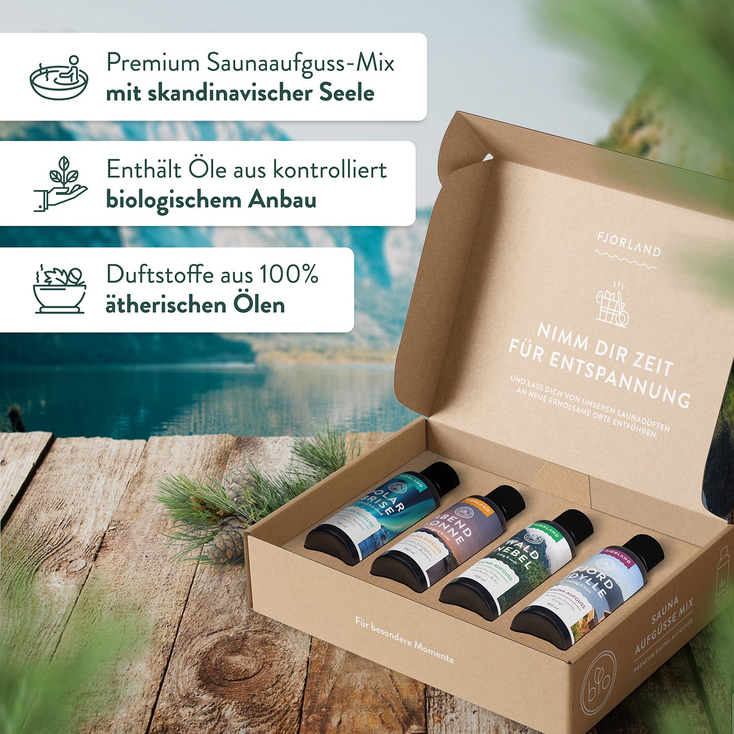 Fjorland BIO Ätherische-Saunadüfte Geschenkset (4x100ml) in hochwertiger Geschenkbox