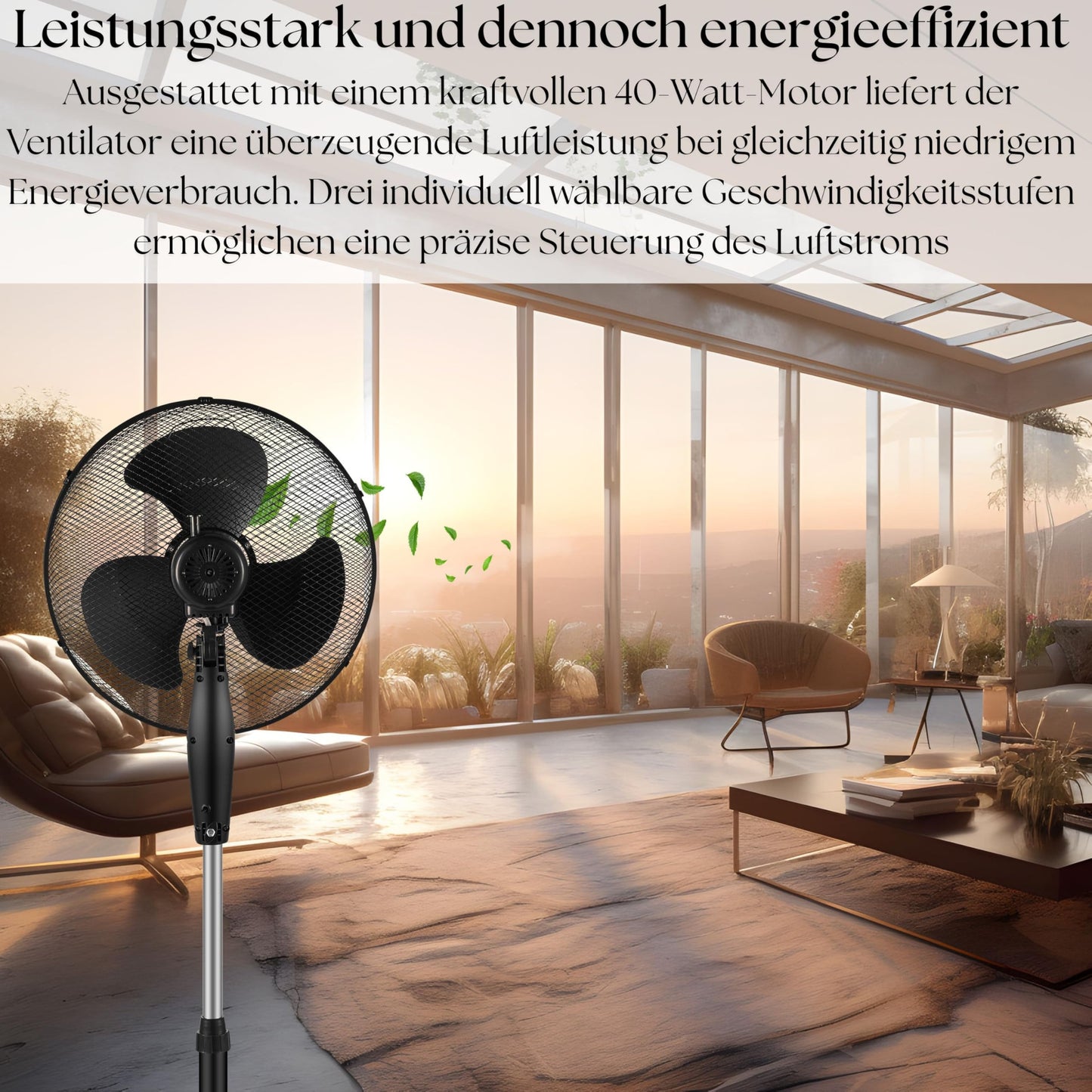 Echos® Standventilator (Ø 43cm): Sehr leise, Energiesparend, 3 Stufen, Oszillation