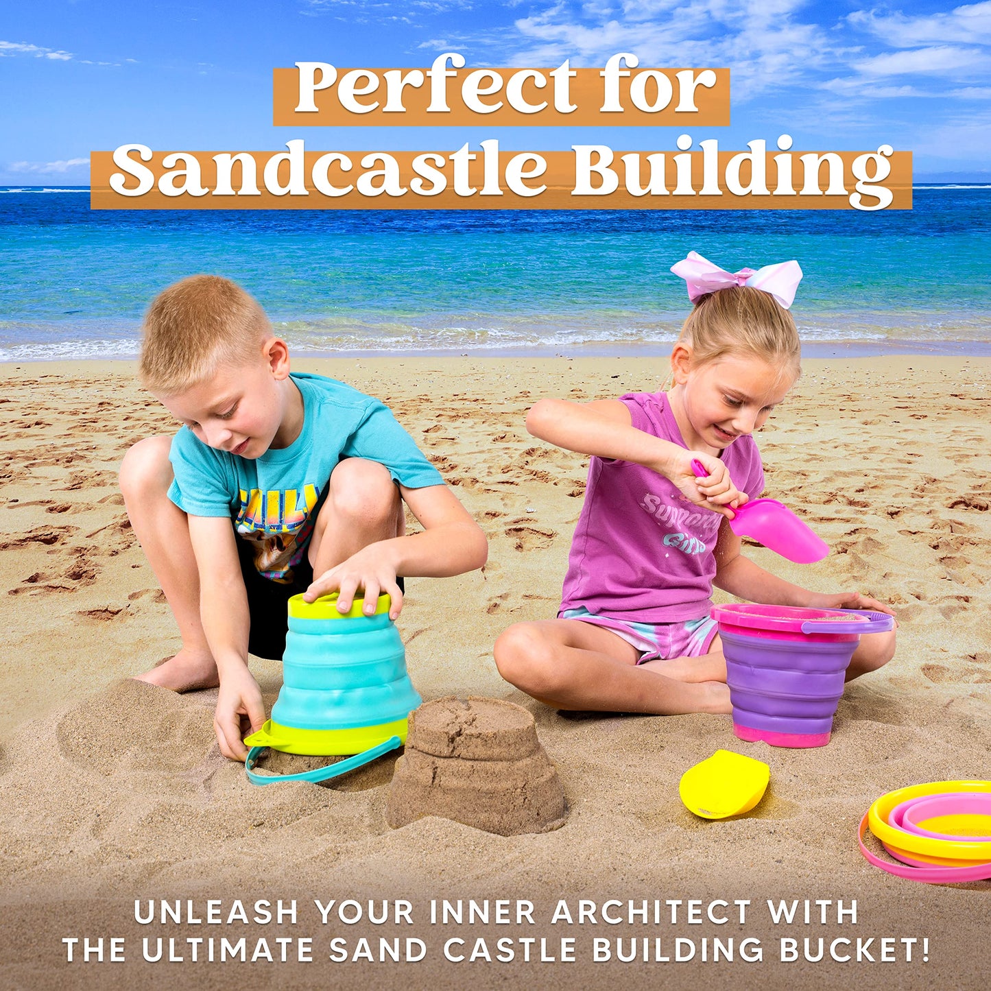 JOYIN Foldable Beach Bucket Set: Foldable Sand Toys with Mesh Backpack for Kids