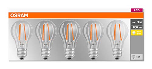 Osram LED Base Classic A-Lampe, Sockel: E27 | (Warmweiß-2700 K: 7W): Klar - 5er Packung