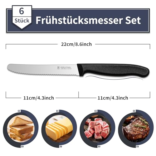 High-quality stainless steel serrated breakfast knives (6 pieces) with plastic handle: Dishwasher safe