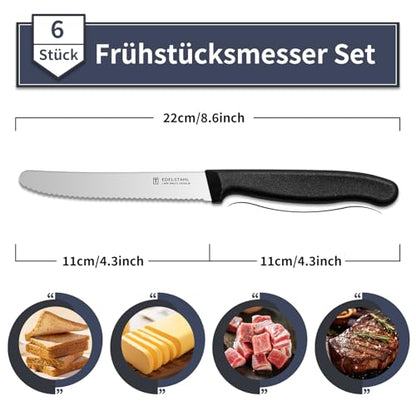 High-quality stainless steel serrated breakfast knives (6 pieces) with plastic handle: Dishwasher safe