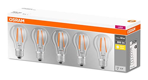 Osram LED Base Classic A-Lampe, Sockel: E27 | (Warmweiß-2700 K: 7W): Klar - 5er Packung
