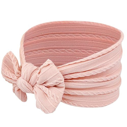 Baby Girl Turban Elastic Headband Bow (Set of 2 in Pink and White)