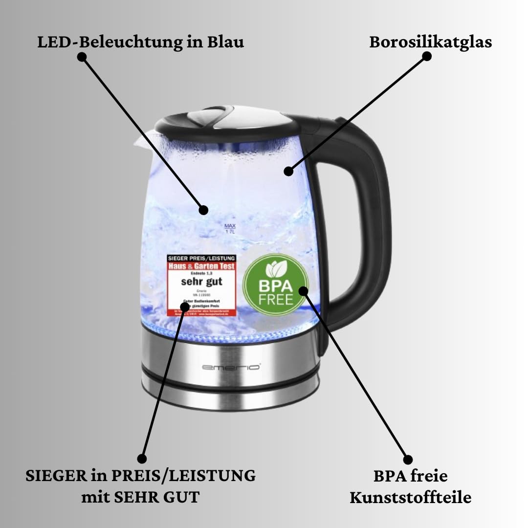 EMERIO Glas Wasserkocher (1,7L): 2200 Watt, Blau LED-Innenbeleuchtung | BPA-Frei
