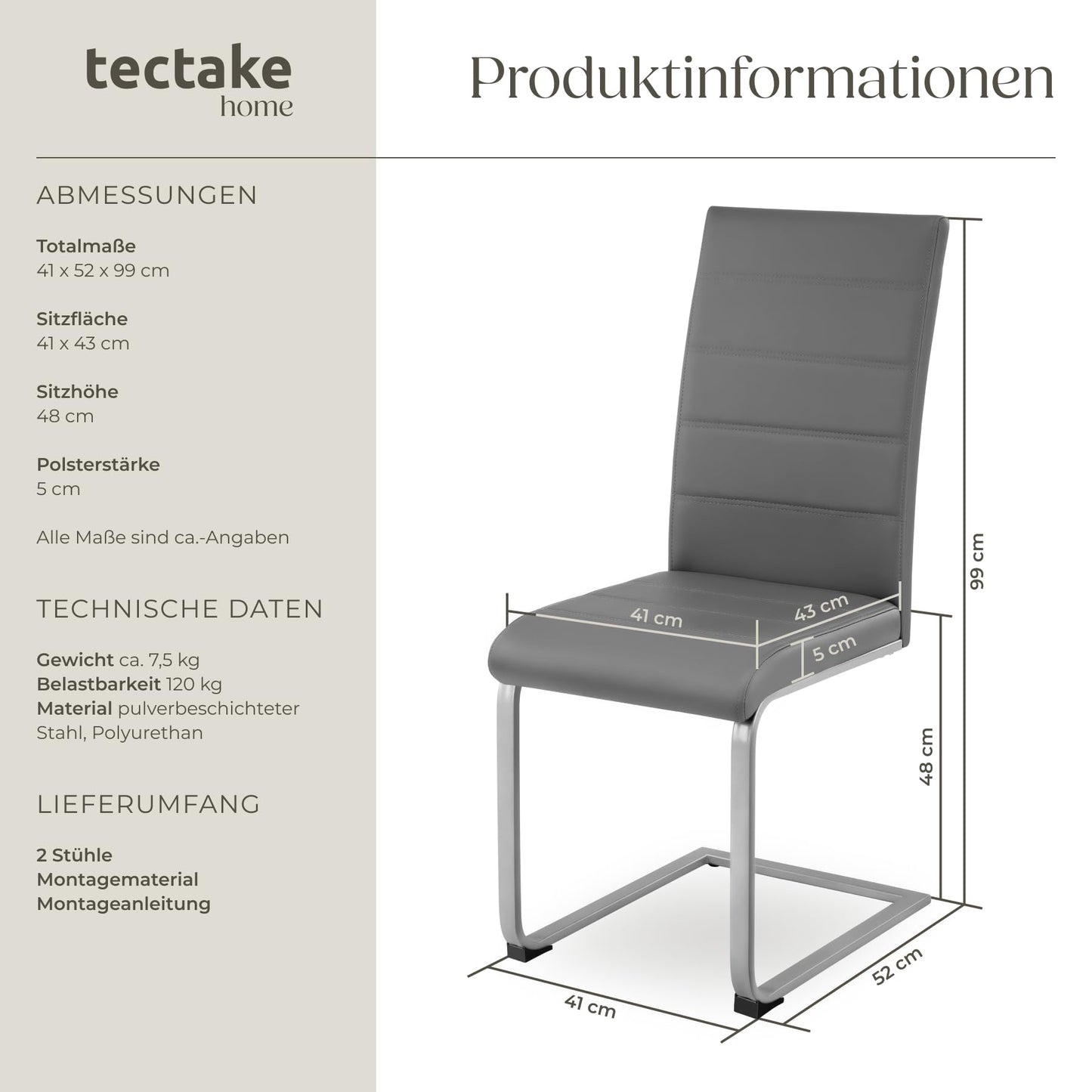 tectake® Set of 2 dining chairs | Modern, comfortable, and versatile (grey)