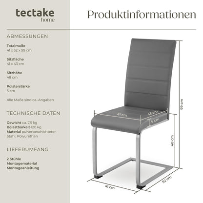 tectake® Set of 2 dining chairs | Modern, comfortable, and versatile (grey)