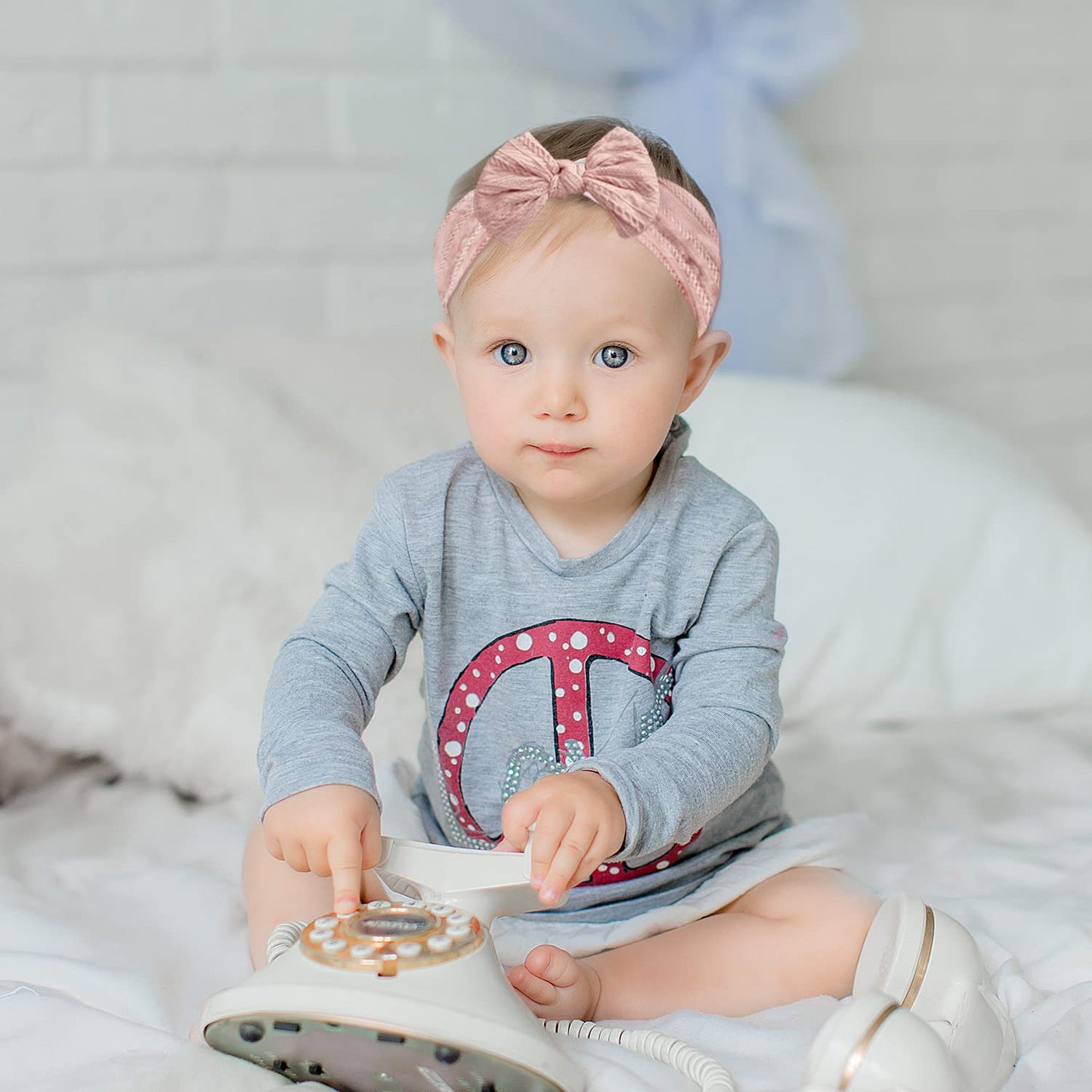 Baby Girl Turban Elastic Headband Bow (Set of 2 in Pink and White)