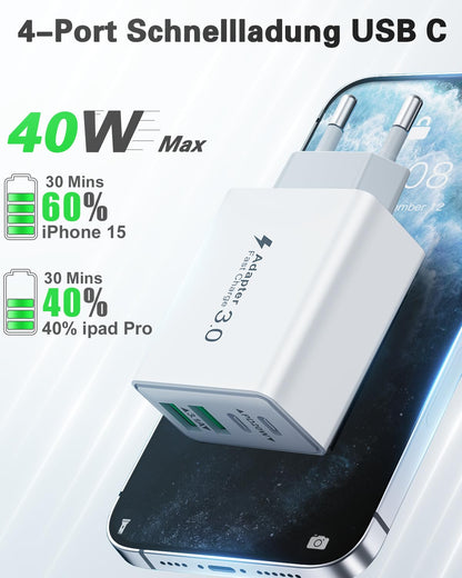 USB-C Charger (40W) 4-Port Fast Charger for iPhone, iPad, Samsung and more