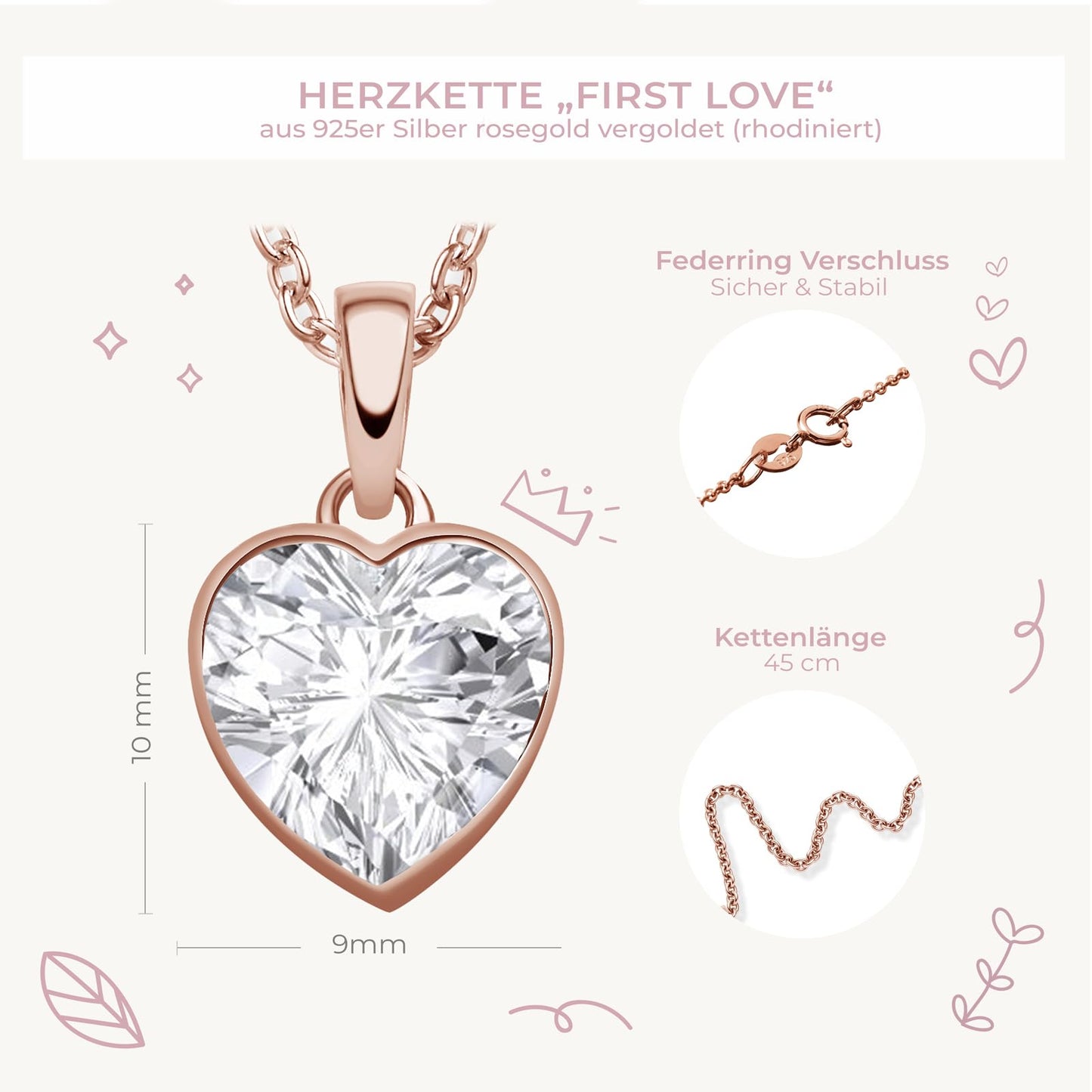 AMOONIC heart necklace for girls (925 silver) rose gold-plated: children's necklace with '45cm' heart pendant