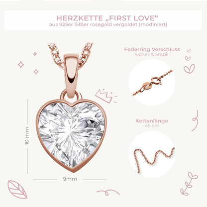 AMOONIC heart necklace for girls (925 silver) rose gold-plated: children's necklace with '45cm' heart pendant