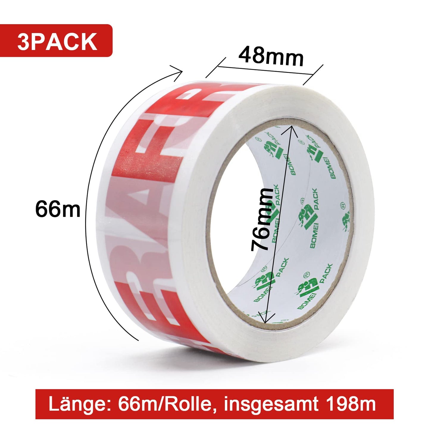 BOMEI PACK Parcel Tape for Packing Packages (3 Rolls - Red Fragile)