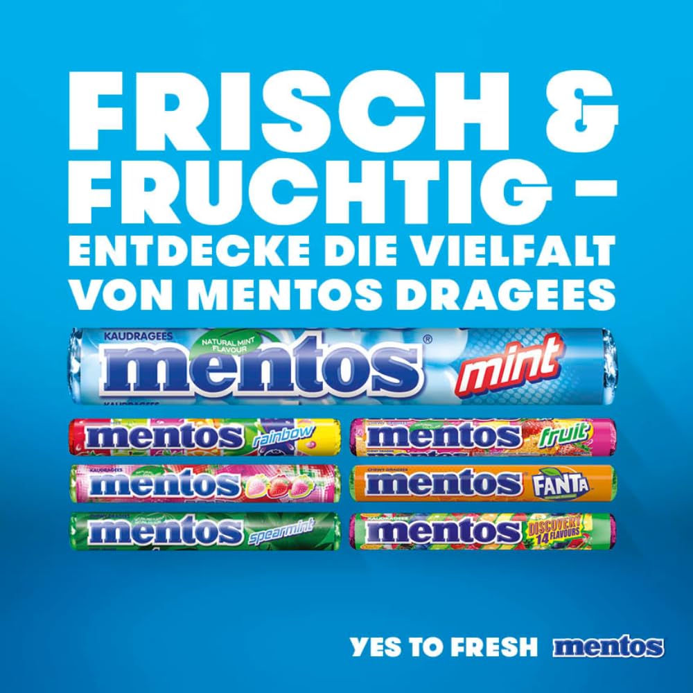 Mentos Fruit Dragees, Frucht-Bonbons mit Orange, Zitrone, Erdbeere, Kaubonbons mit fruchtigem Geschmack, Süßigkeiten Multipack (40 Rollen), vegan