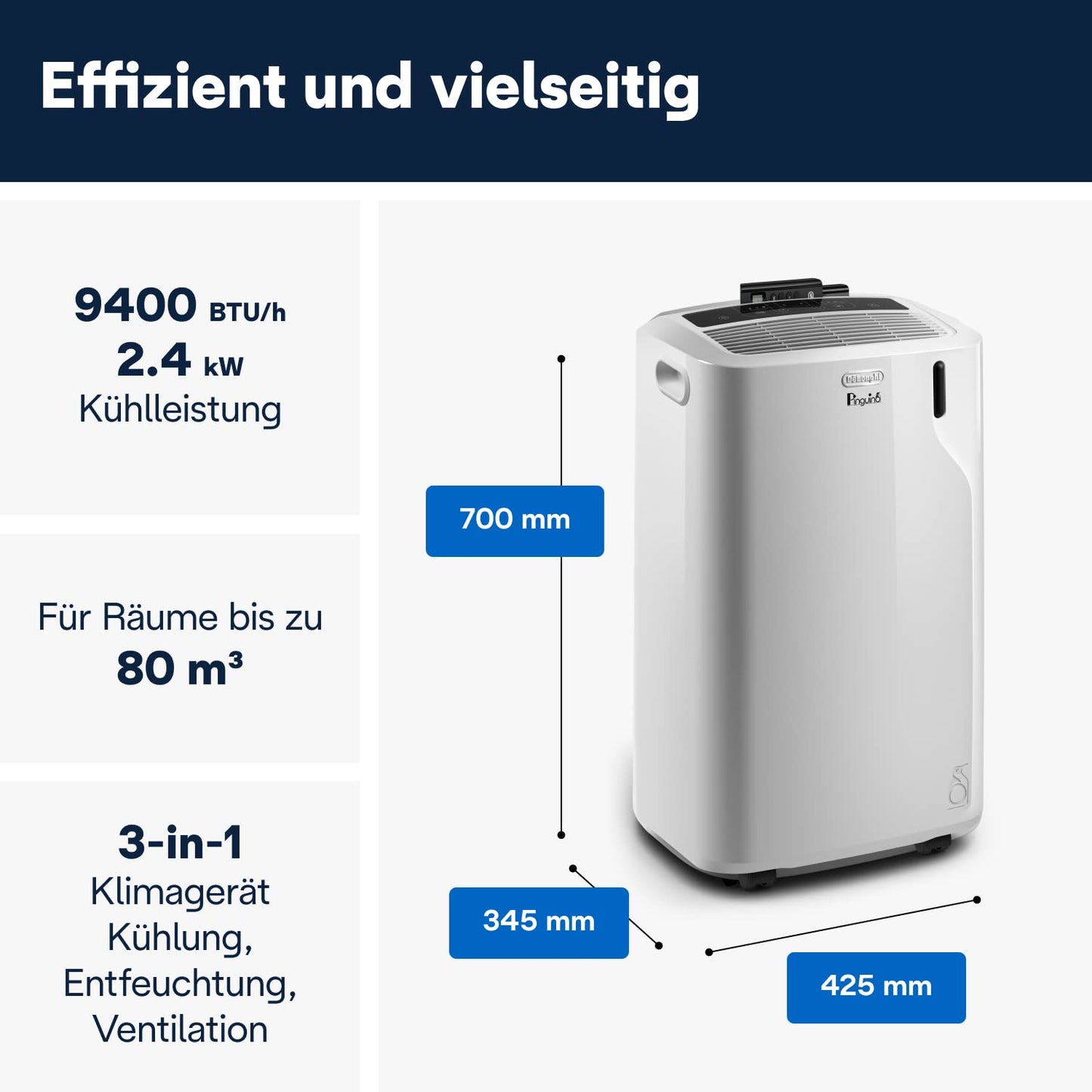 De'Longhi 'Pinguino' (PAC EM82) Mobile Klimaanlage für Räume bis zu 80m³ | 9.400 BTU, 2,4 kW