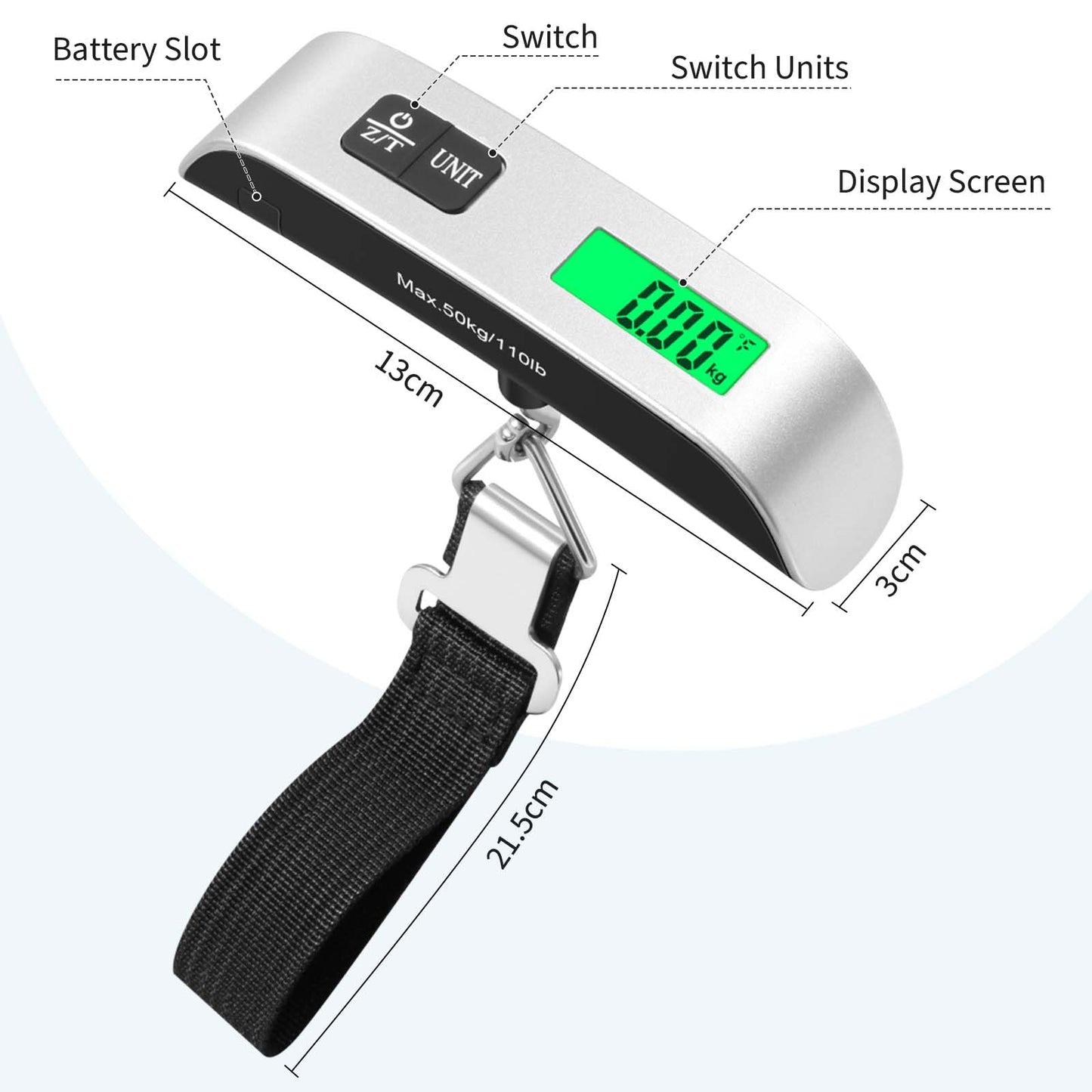 Digitale Koffer - Gepäck - Hängewaage mit Temperatursensor & Tara-Funktion: bis 50kg