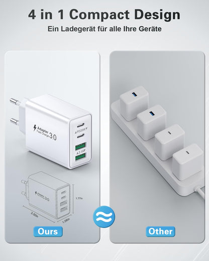 USB-C Charger (40W) 4-Port Fast Charger for iPhone, iPad, Samsung and more