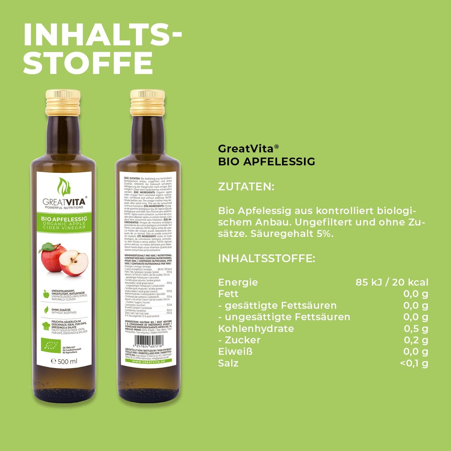 GreatVita 100% Organic Apple Cider Vinegar (2x 500ml - 1 Liter): Naturally cloudy &amp; unfiltered from organic farming