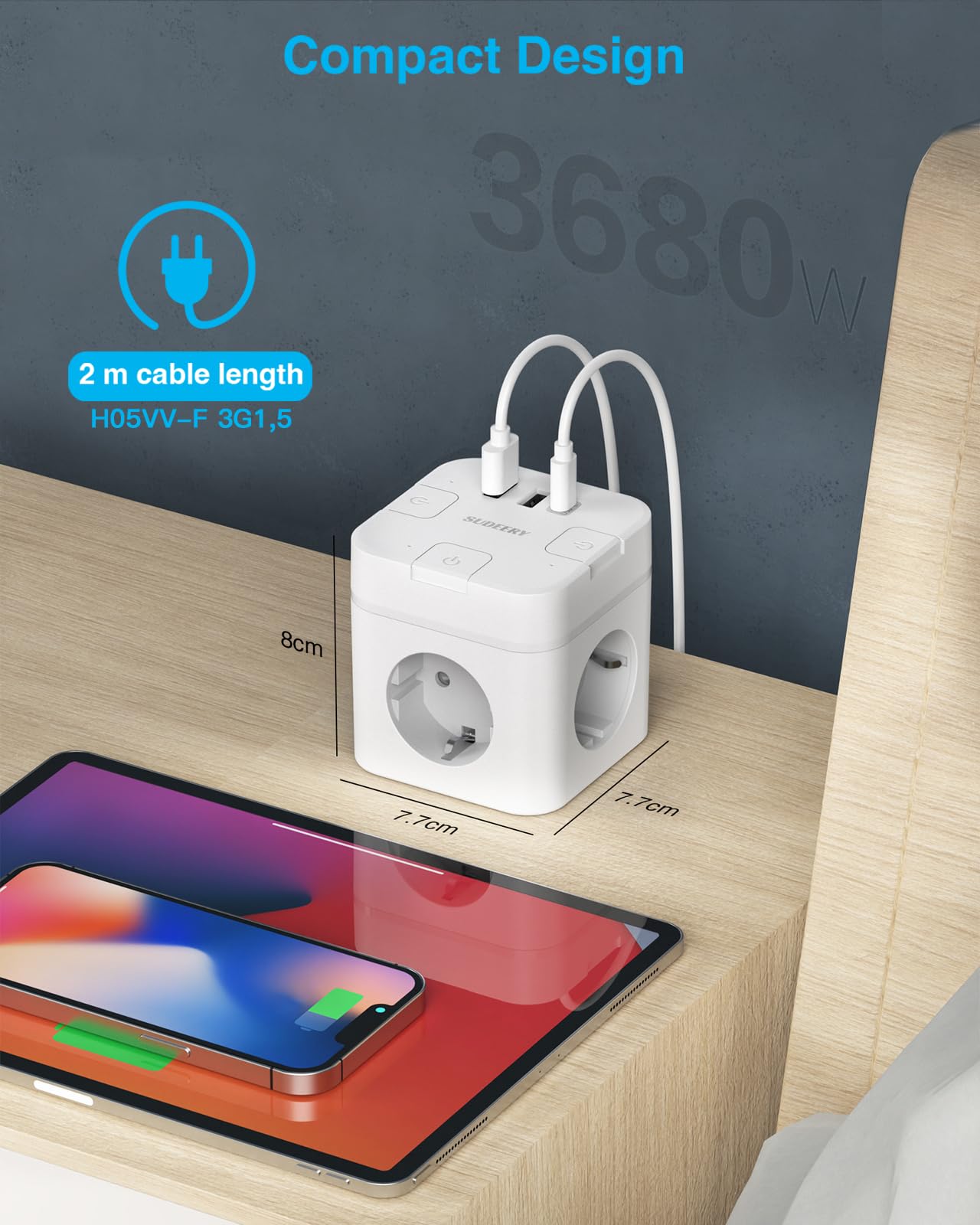 6-in-1 Steckdosenwürfel (2m Kabel) mit USB-C: Einzeln Schaltbar für Büro, Haus, Reisen