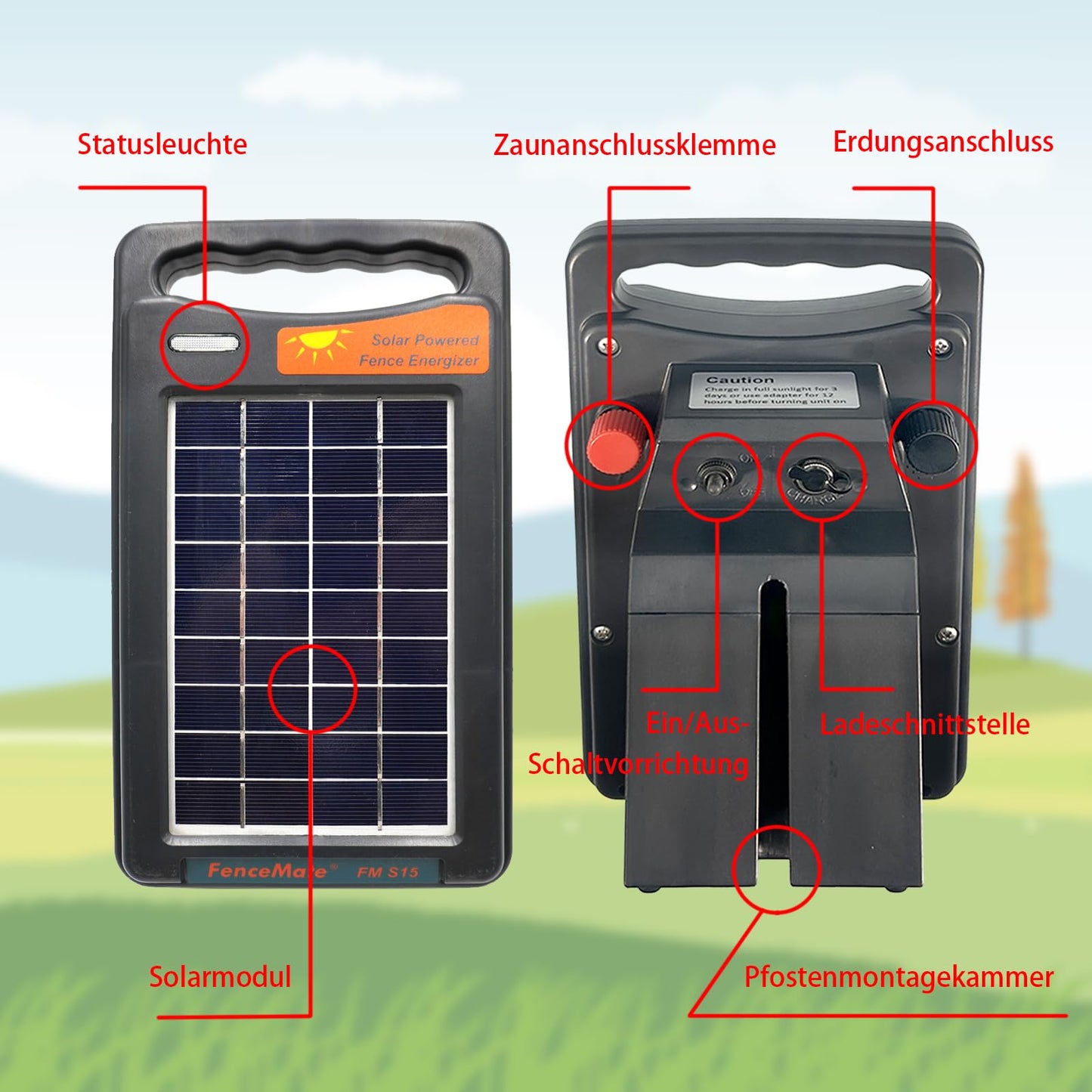 FenceMate Tragbares Weidezaungerät Solar mit einem Output von 0,15J für bis zu 2km