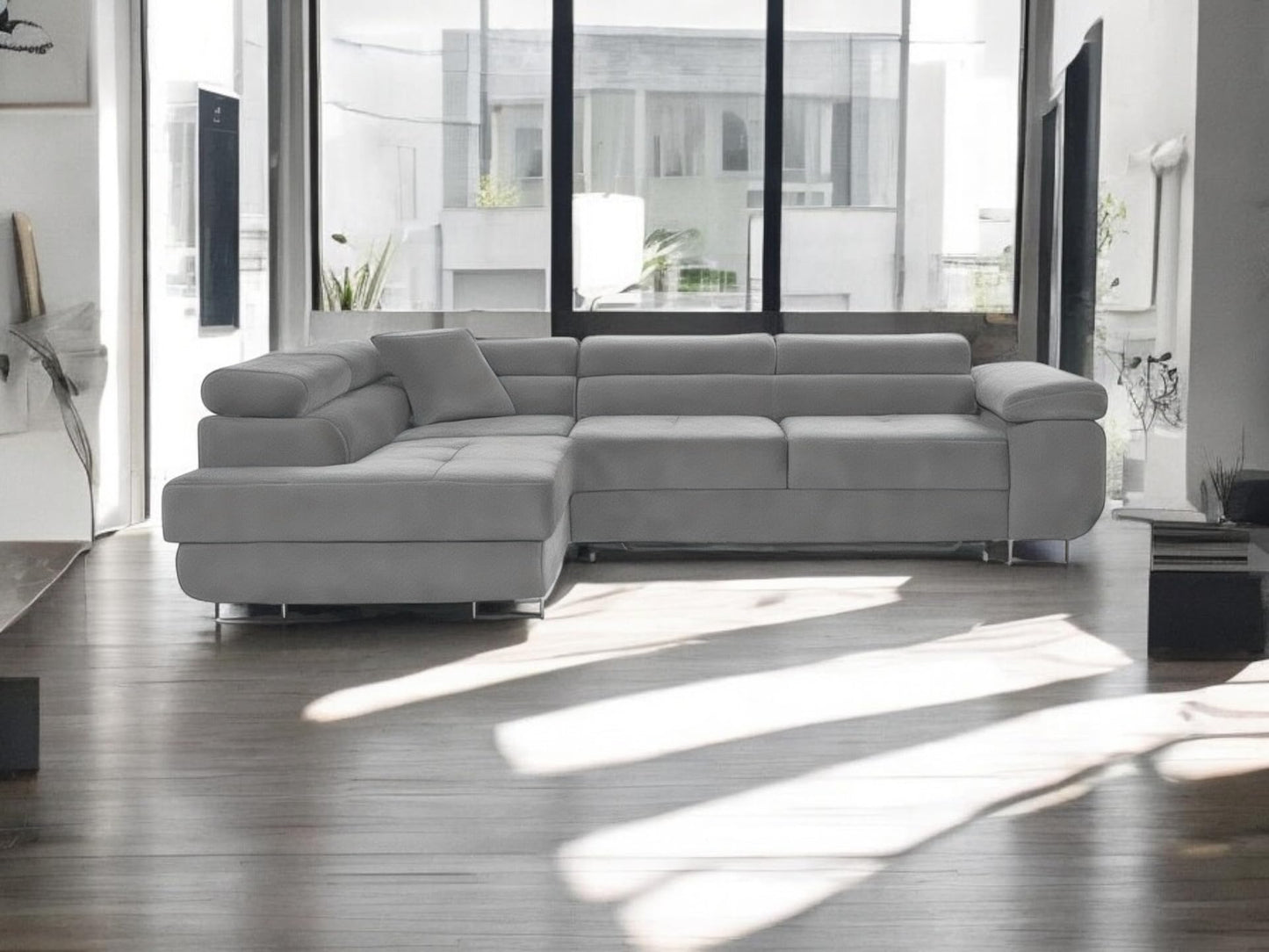 3-seater L-shaped corner sofa with sleeping function 'PASTI' corner couch for the living room (light grey, ottoman on the left)