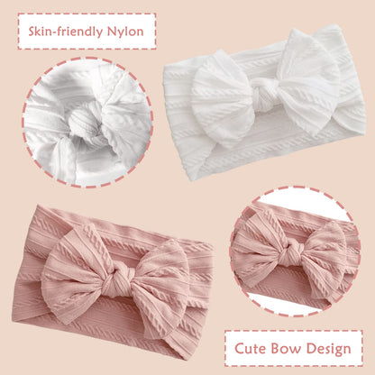 Baby Girl Turban Elastic Headband Bow (Set of 2 in Pink and White)