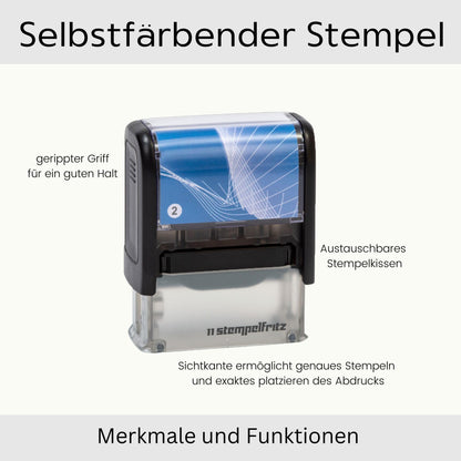 stempelfritz personalisierter Firmenstempel mit Gehäuse in Schwarz-Blau