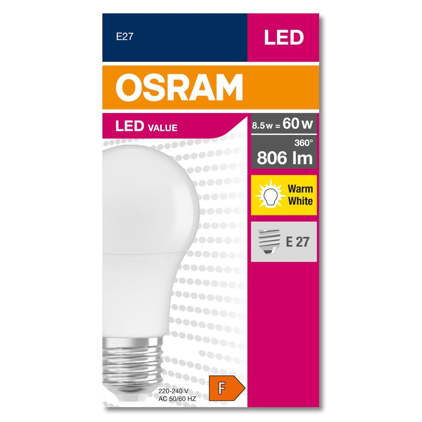 OSRAM LED with E27 base (8.5W warm white: 2700K): Matt 10-pack