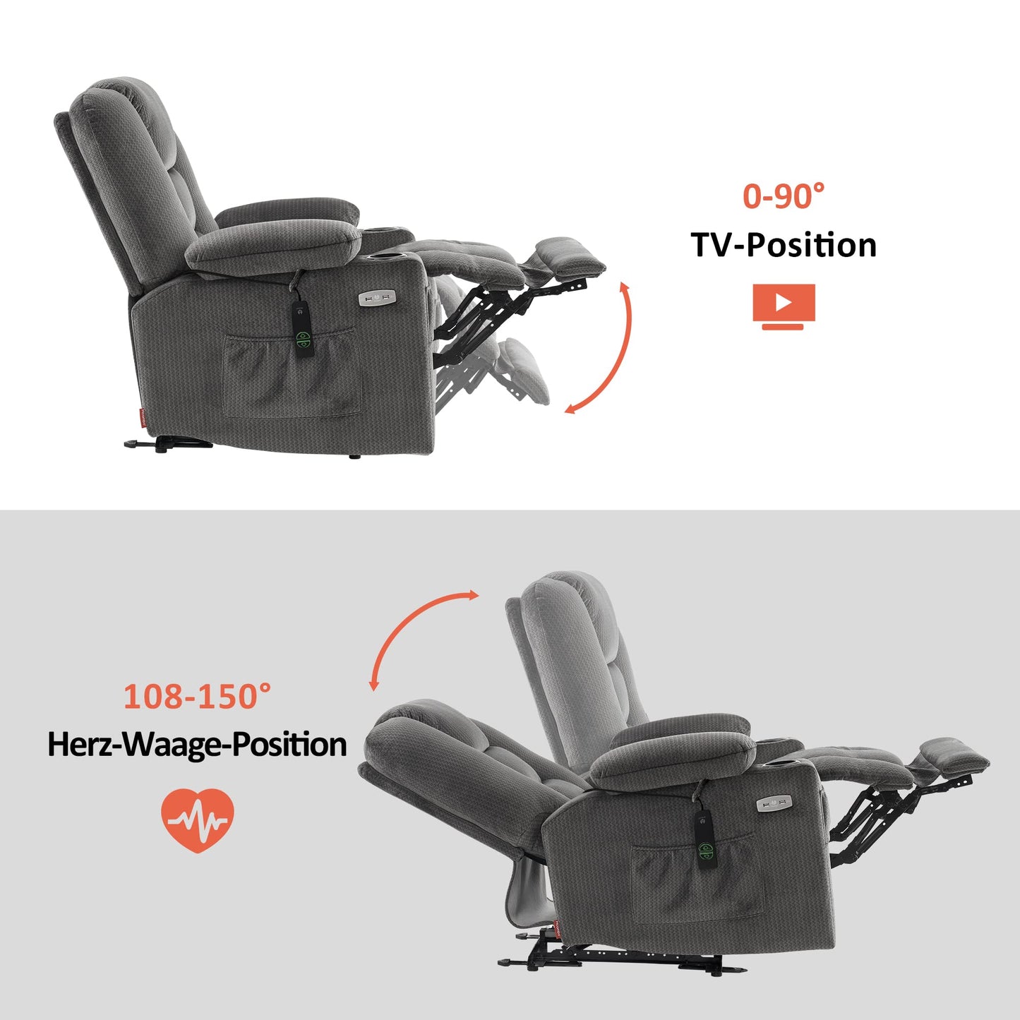 M MCombo TV recliner (7008) with reclining, massage and heat function: Electrically adjustable, USB &amp; cup holder in grey
