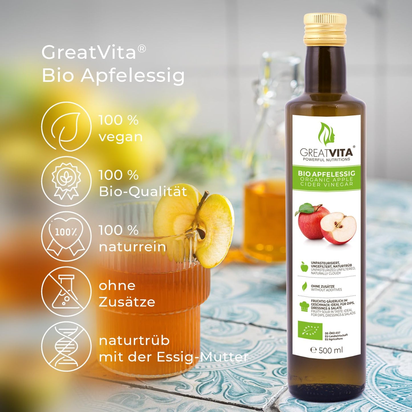 GreatVita 100% Organic Apple Cider Vinegar (2x 500ml - 1 Liter): Naturally cloudy &amp; unfiltered from organic farming