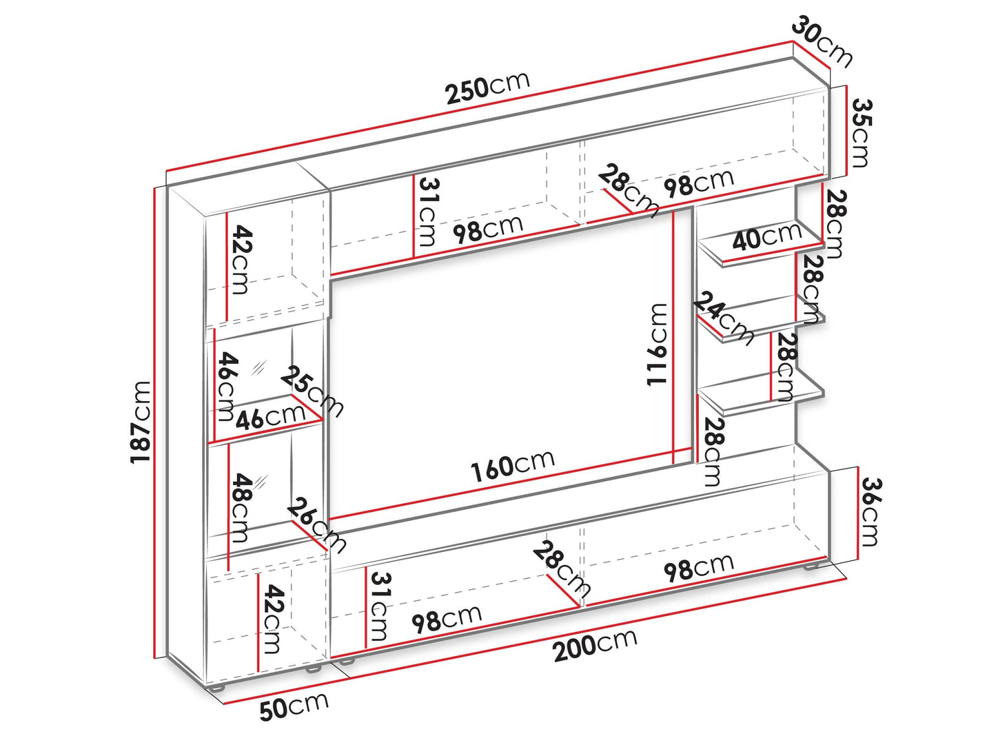Wall unit 'Lazando' | Media wall, display cabinet, TV wall with white LED lighting