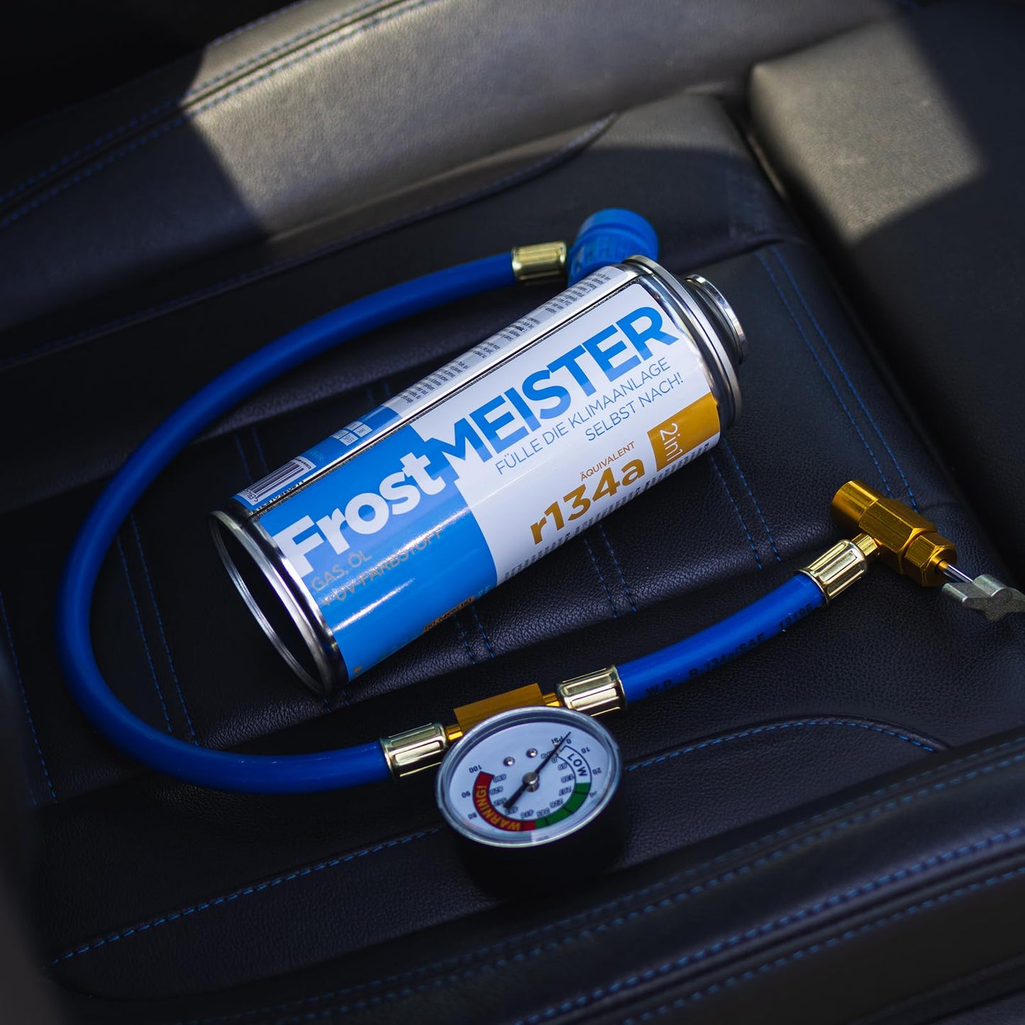 FrostMEISTER 3-in-1 car air conditioning refill kit for R134a (2x 400ml cans &amp; hose with pressure gauge)