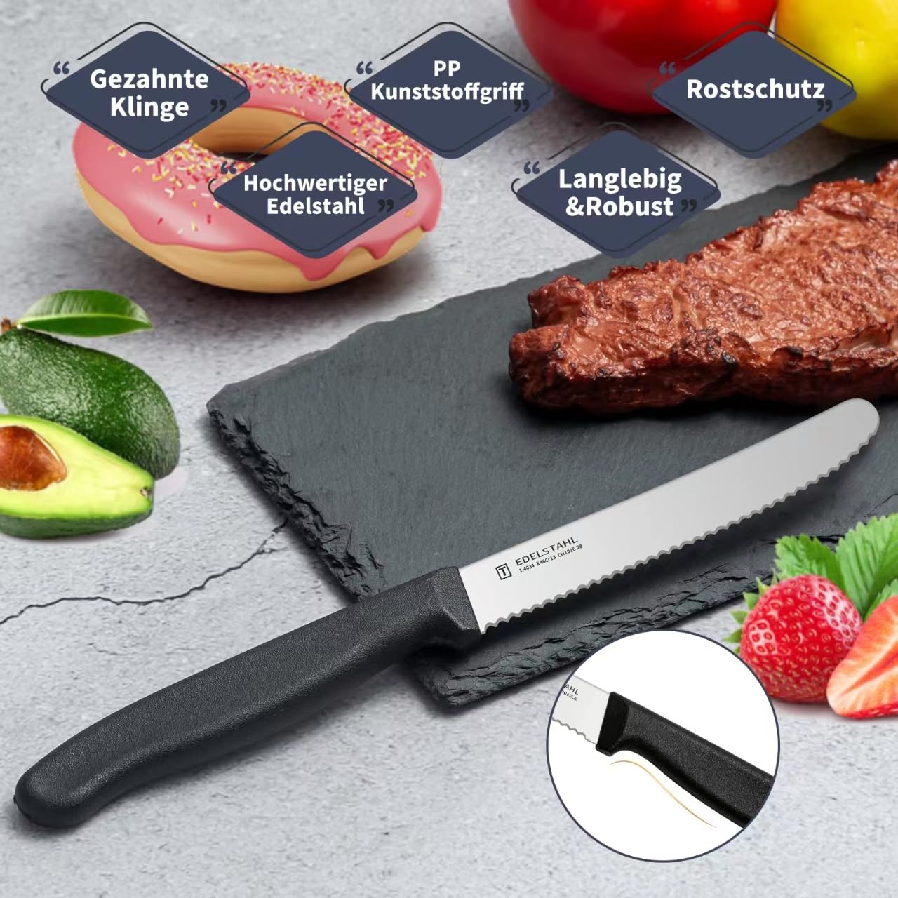 High-quality stainless steel serrated breakfast knives (6 pieces) with plastic handle: Dishwasher safe