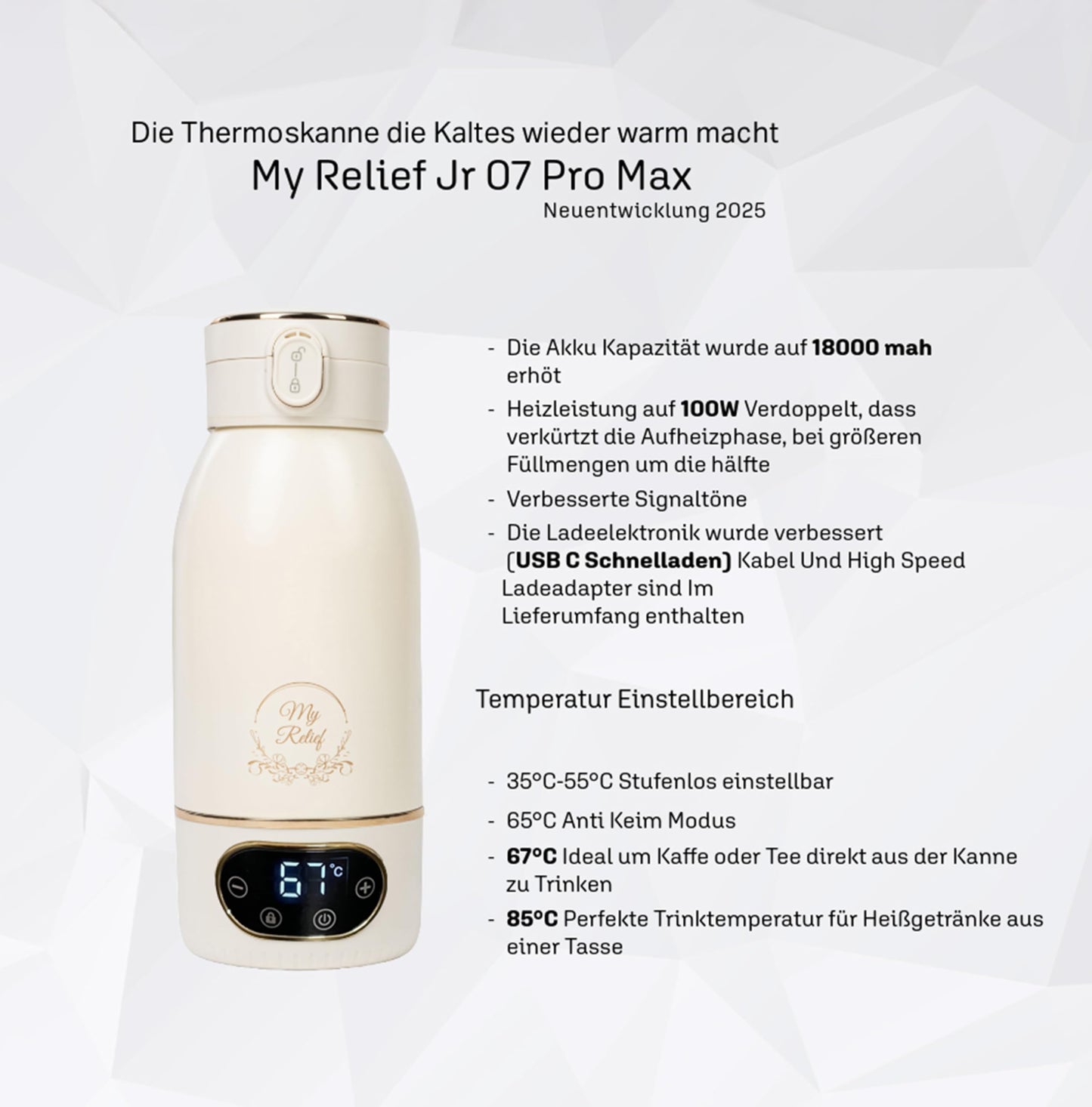 My Relief Akku Thermoskanne, Flaschenwärmer (18000mAh) 35-85°C Einstellbar