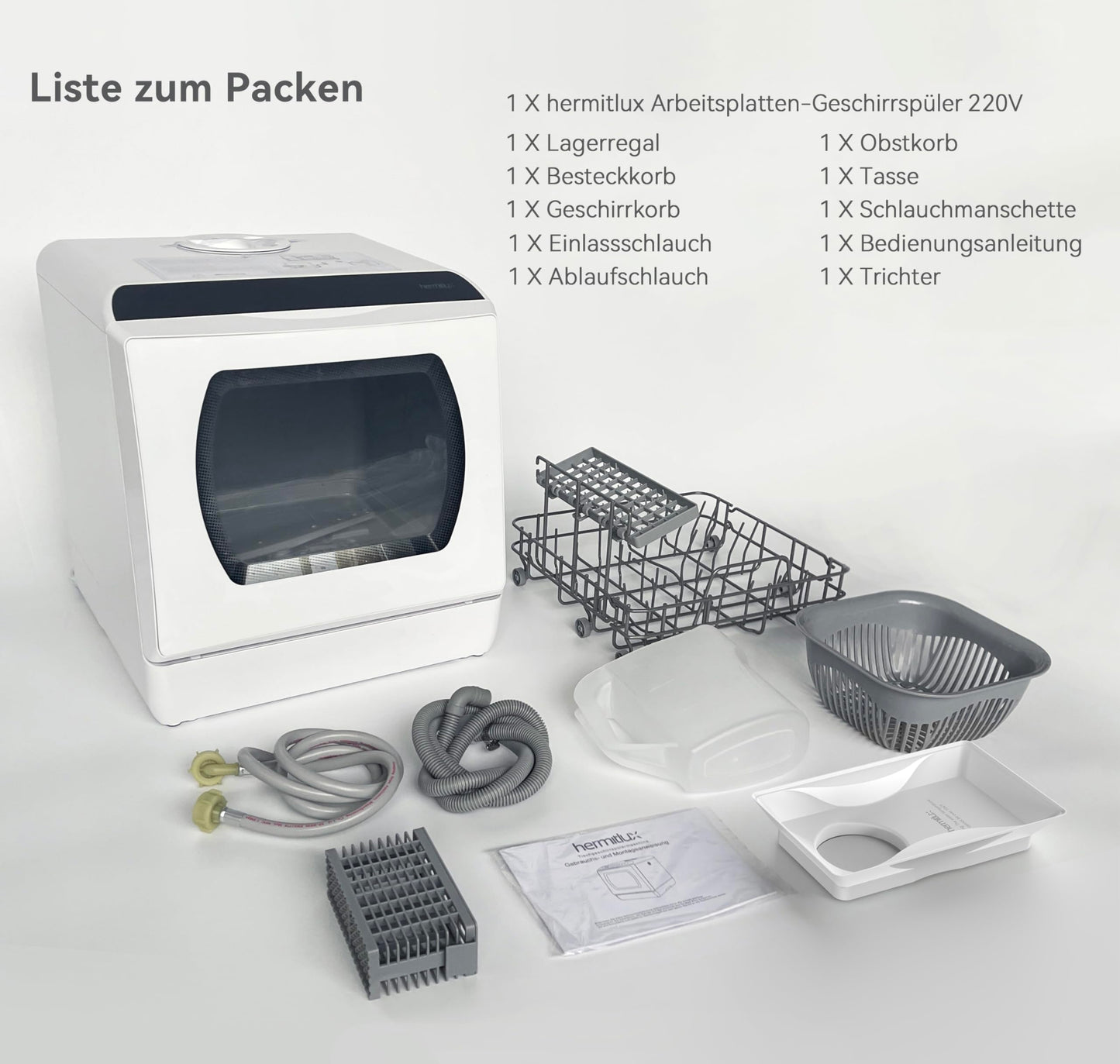 Hermitlux Mini-Geschirrspüler für 4 Bestecksätze, 5 Liter Wassertank, 6 Programme