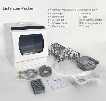 Hermitlux Mini-Geschirrspüler für 4 Bestecksätze, 5 Liter Wassertank, 6 Programme